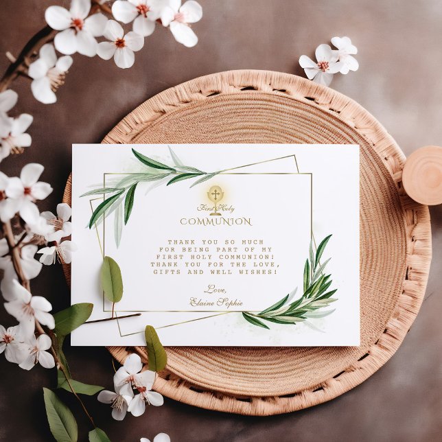 Carte De Remerciements Élégant Olive Feuille Gold Boy First Holy Communio (Créateur téléchargé)