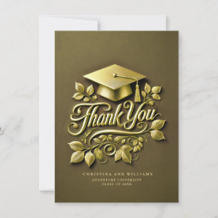 Carte De Remerciements Élégant Olive Green Gold Casquette Leaf Graduation