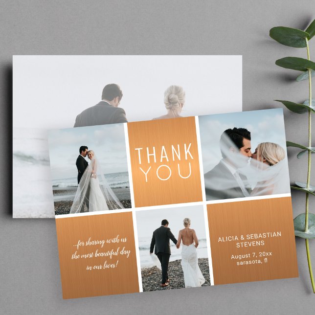 Carte De Remerciements Elégant or 4 photo collage moderne mariage (Créateur téléchargé)