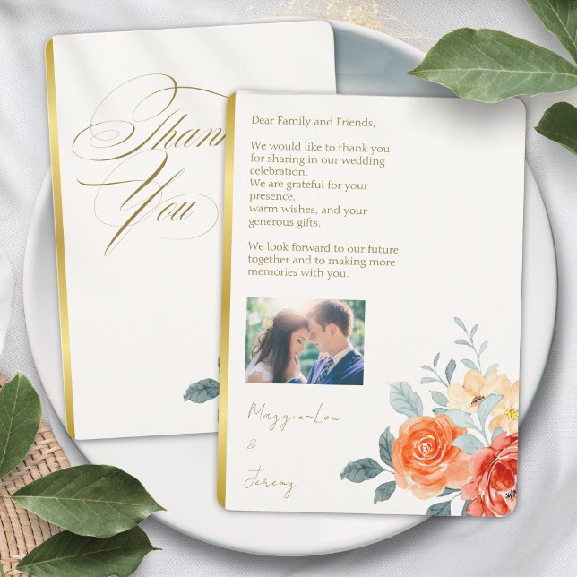 Carte De Remerciements Elégant or Blush Floral Script Mariage Photo (Créateur téléchargé)