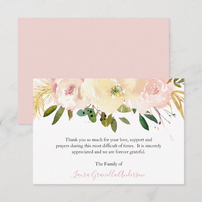 Carte De Remerciements Élégant Or Blush rose Floral Funeral (Devant / Derrière)