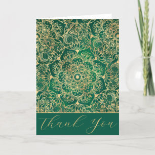 Carte De Remerciements Elégant or Floral Mandala Green Design