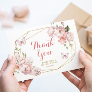Carte De Remerciements Elégant or rose floral Mis Quince