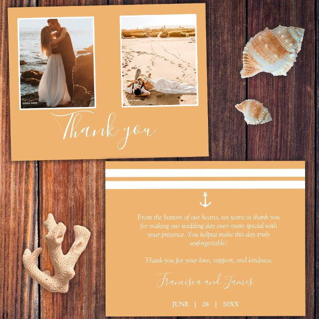 Carte De Remerciements Elégant Orange Nautique Ancre Mariage Photo (Front and Back)