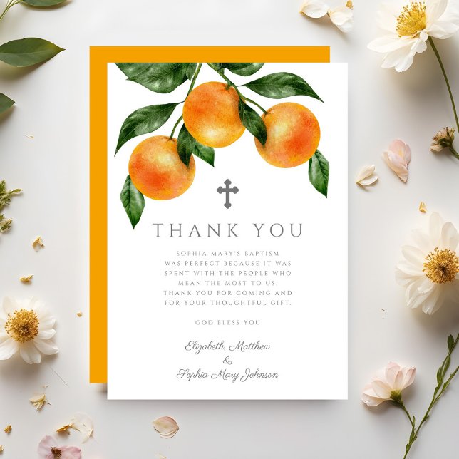 Carte De Remerciements Élégant Oranges Baptême fille (Elegant Oranges Girl Baptism Thank You Card)