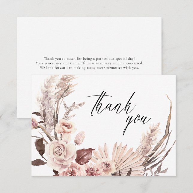 Carte De Remerciements Élégant Pampas Grass Floral Fleurs de crème Mariag (Devant / Derrière)