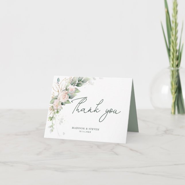 Carte De Remerciements Élégant Parties scintillant rose or Roses Mariage  (Devant)