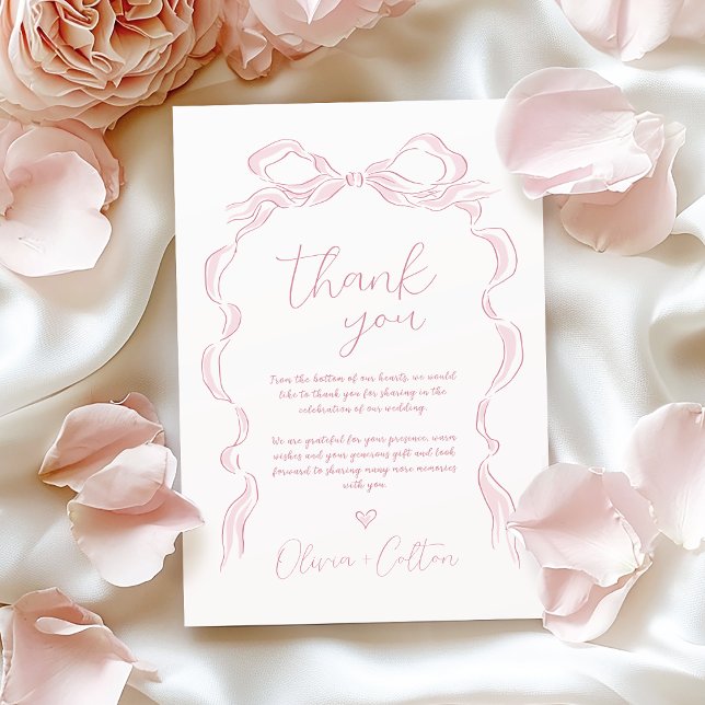 Carte De Remerciements Élégant Pastel Pink Mariage de la main tiré (Elegant Pastel Pink Hand Drawn Bow Wedding Thank You Card)