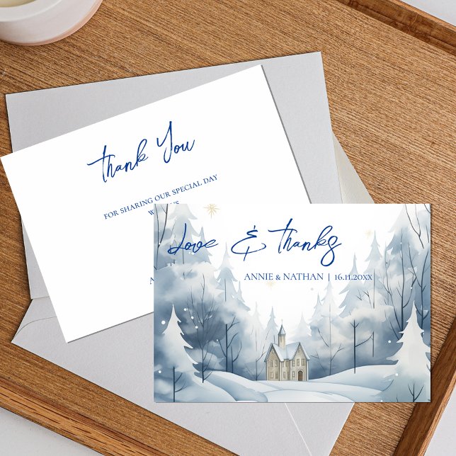 Carte De Remerciements Elégant paysage de neige tendance Mariage d'hiver (Elegant Trendy Snowy Landscape Winter Wedding Thank You Card)