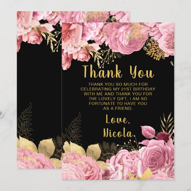 Carte De Remerciements Elegant Pink and Gold Flowers Birthday Party (Devant / Derrière)