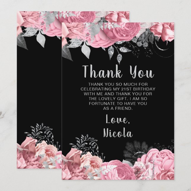 Carte De Remerciements Elegant Pink and Silver Flowers Birthday Party (Devant / Derrière)