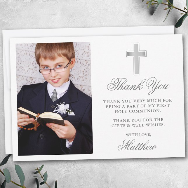 Carte De Remerciements Élégant Première Sainte Communion Photo Argent (Customize to change text size, style, color or to add more text or photos to back of card.)