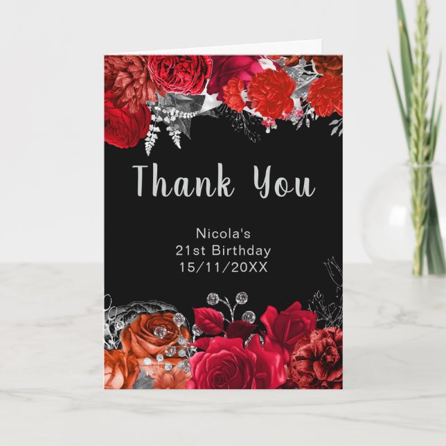 Carte De Remerciements Elegant Red and Silver Flowers Birthday Party (Devant)