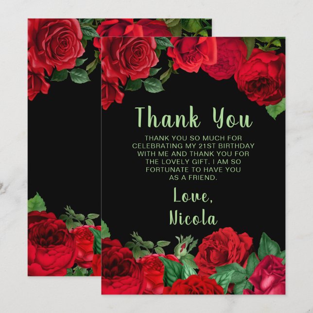 Carte De Remerciements Elegant Red Roses Flowers Birthday Party (Devant / Derrière)