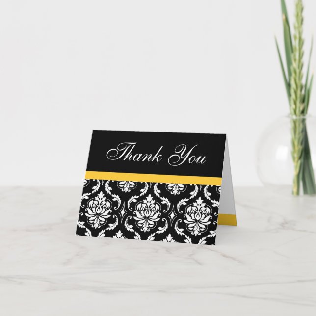 Carte De Remerciements Élégant Remerciement de Mariage Jaune Damassé Mono (Devant)