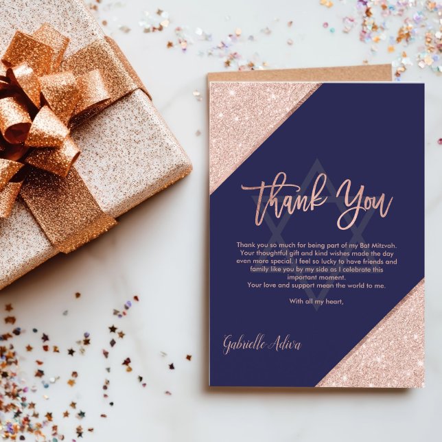 Carte De Remerciements Élégant Rose chic Gold Marine Bat mitzvah bleu mar (Elegant Chic Rose Gold Navy Blue Bat Mitzvah Thank You Card)