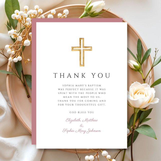 Carte De Remerciements Élégant rose Croix Religieuse Fille Baptême (Elegant Pink Religious Cross Girl Baptism Thank You Card)