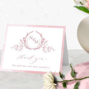Carte De Remerciements Élégant Rose Dusty Monogramme, Mariage Aquarelle