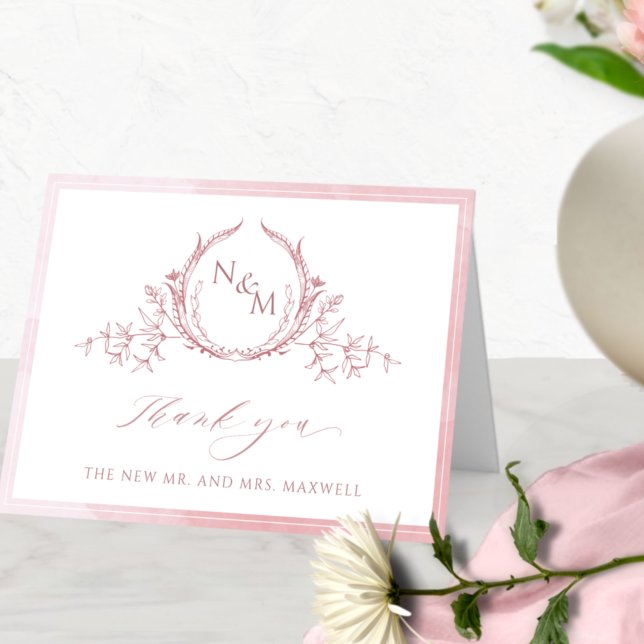 Carte De Remerciements Élégant Rose Dusty Monogramme, Mariage Aquarelle (Créateur téléchargé)