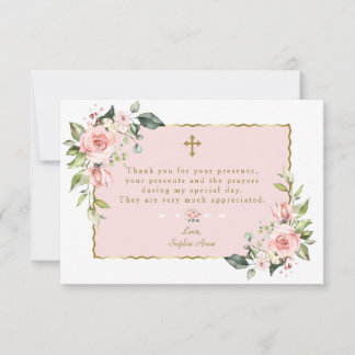 Carte De Remerciements Elégant rose Floral Gold Cross Boy Confirmation