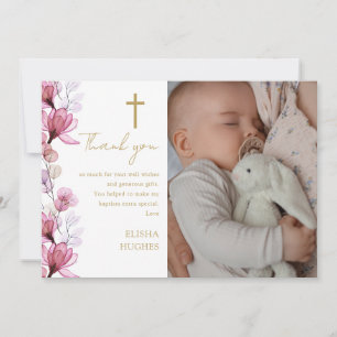 Carte De Remerciements Élégant rose floral photo Baptême Christening