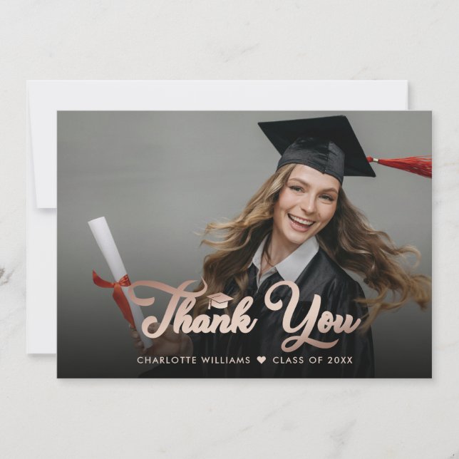 Carte De Remerciements Élégant Rose Gold Foil Photo Graduation (Devant)