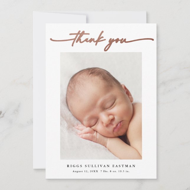 Carte De Remerciements Élégant Rose Gold Script photo bébé (Devant)