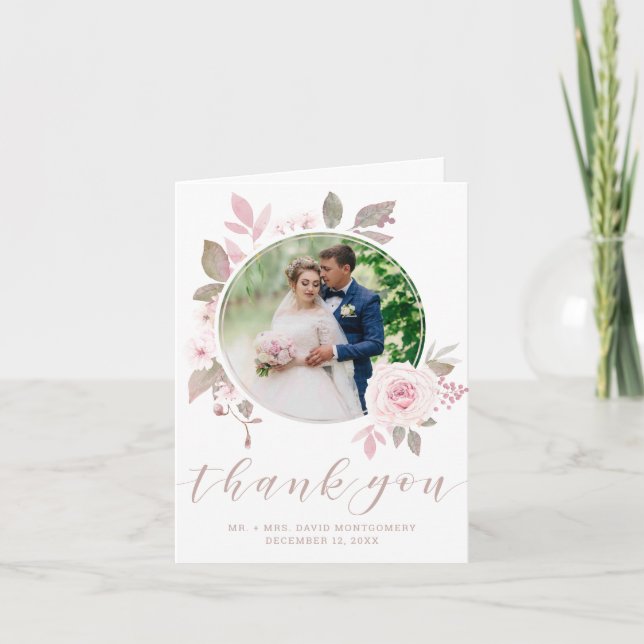 Carte De Remerciements Elégant rose rose aquarelle Mariage floral photo (Devant)