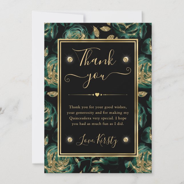 Carte De Remerciements Élégant Rose vert et or Floral Quinceanera (Devant)