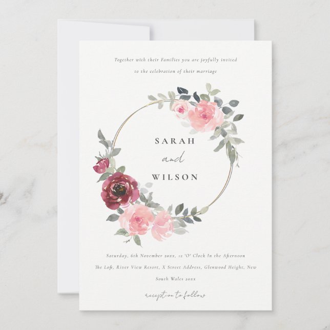 CARTE DE REMERCIEMENTS ÉLÉGANT ROUGE BLEU BURGUNDY FLORAL MARIAGE INVITER (Devant)