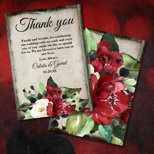Carte De Remerciements Élégant Rouge foncé Floral Grunge Grey Goth Mariag