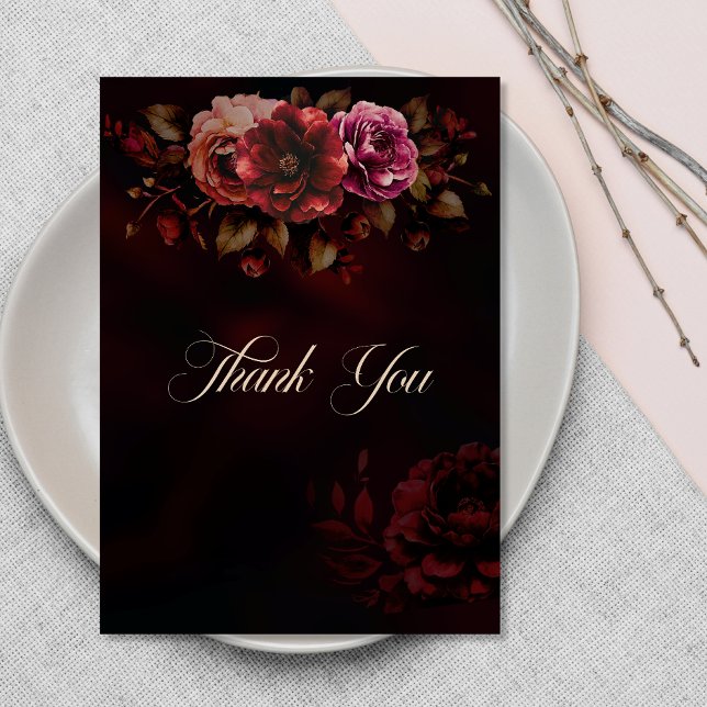 Carte De Remerciements Élégant rouge noir floral Mariage vertical (Créateur téléchargé)