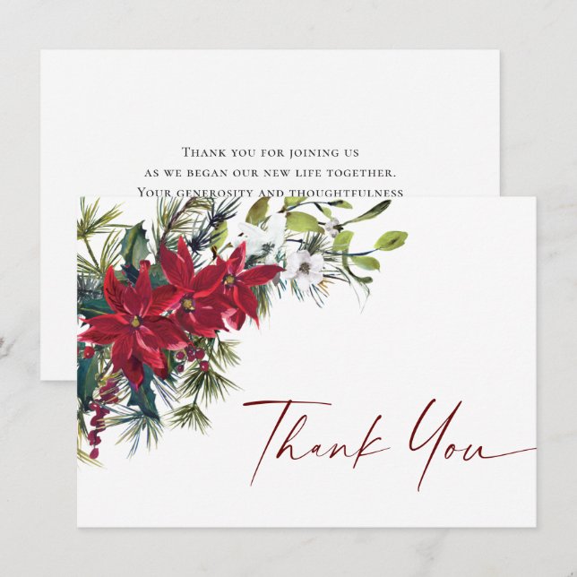 Carte De Remerciements Élégant Rouge Poinsettia Mariage de Noël hiver (Devant / Derrière)