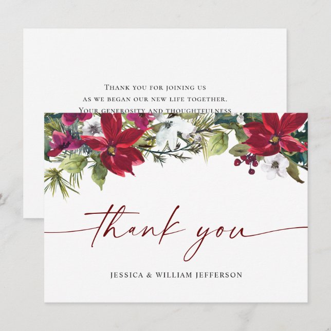 Carte De Remerciements Élégant Rouge Poinsettia Mariage de Noël hiver (Devant / Derrière)