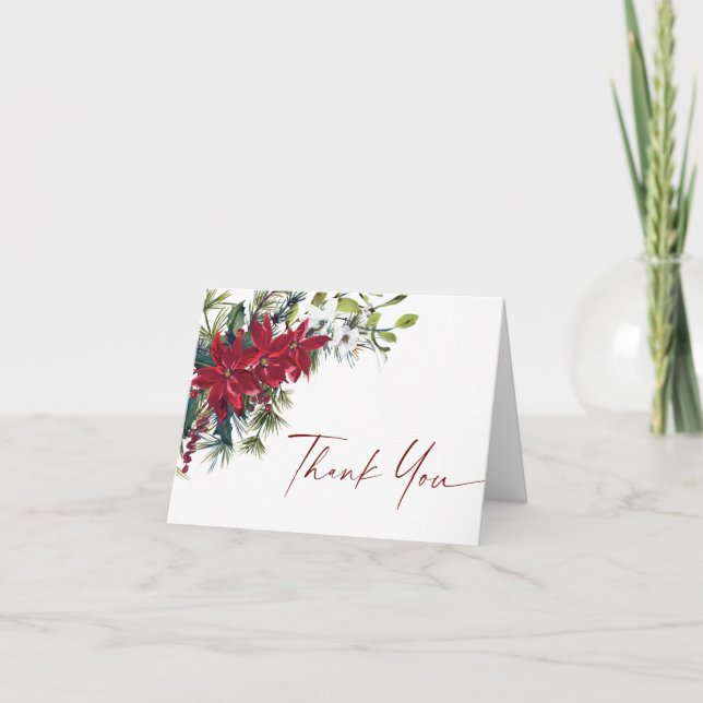 Carte De Remerciements Élégant Rouge Poinsettia Mariage de Noël hiver (Devant)