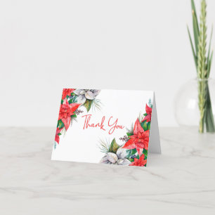 Carte De Remerciements Élégant Rouge Poinsettia Verdure Noël Plié