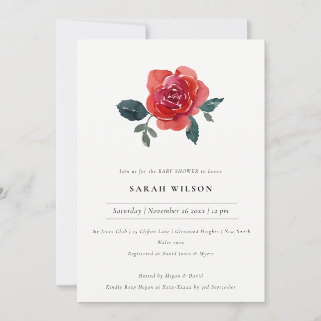 CARTE DE REMERCIEMENTS ÉLÉGANT ROUGE VERT ROSE FLORAL BABY SHOWER INVITAT (Devant)