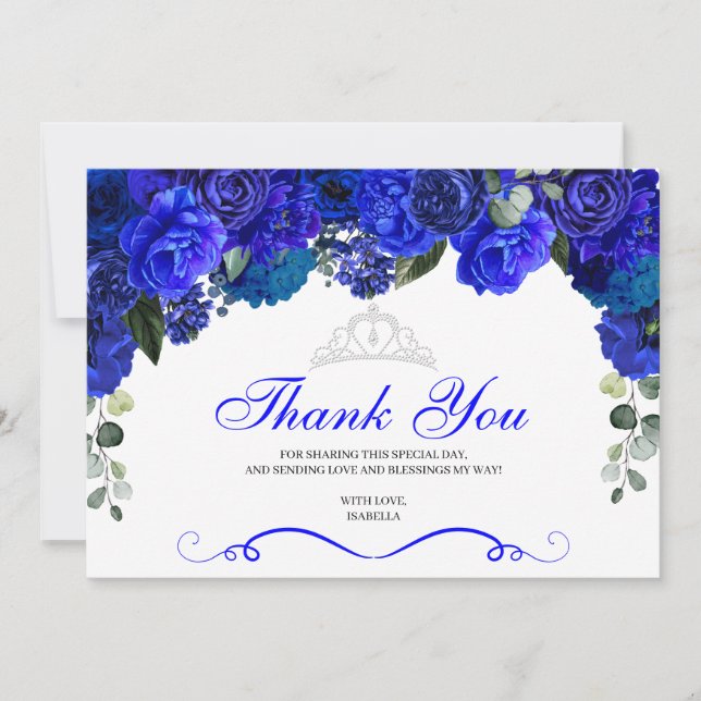 Carte De Remerciements Elégant Royal Blue Silver Floral Quinceanera (Devant)