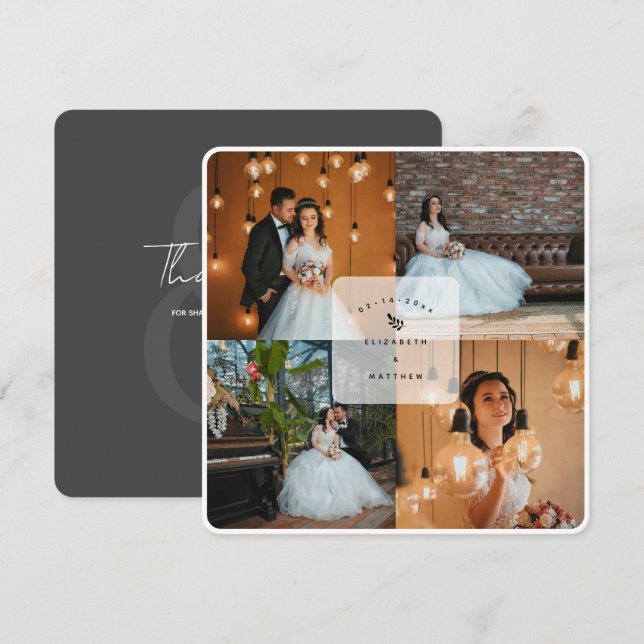 Carte De Remerciements Elégant Rustic Dark Grey 4 Photo Collage Mariage (Devant / Derrière)
