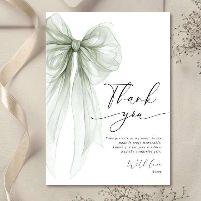 Carte De Remerciements Elegant Sage Green Bow Baby Shower (Créateur téléchargé)