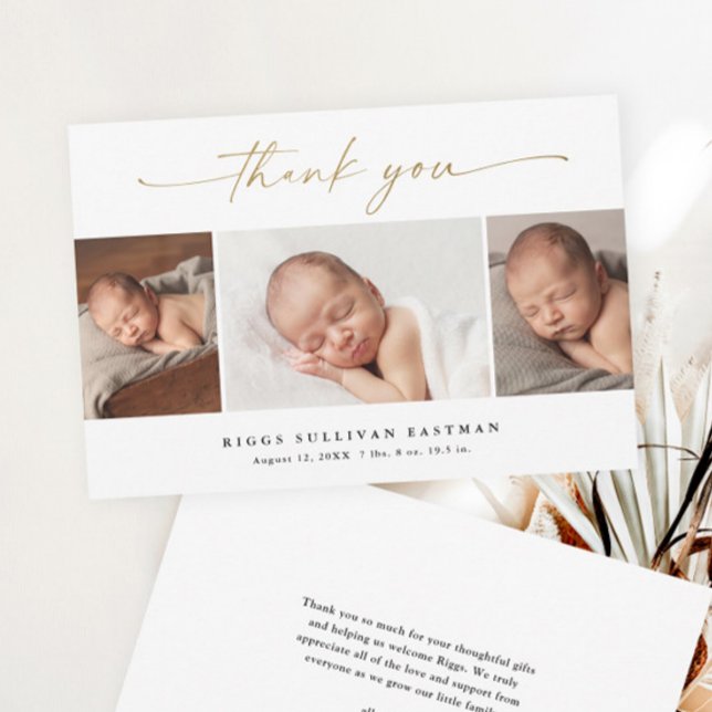Carte De Remerciements Élégant Script 3 Photo Collage Baby (Elegant gold script calligraphy 3 photo collage baby thank you card.)