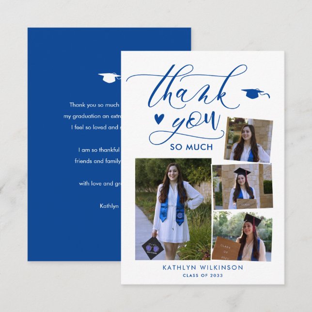 Carte De Remerciements Élégant Script Blue 4 Photo College Graduation (Devant / Derrière)