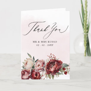 Carte De Remerciements Élégant Script Bourgogne rose Blush Floral Photo