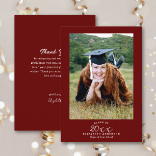 Carte De Remerciements Élégant Script Burgundy Photo Graduation