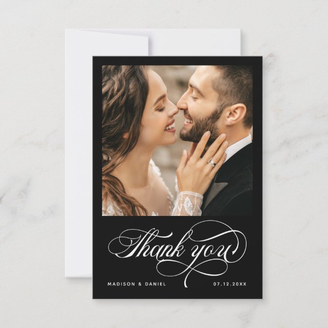 Carte De Remerciements Élégant script de calligraphie Mariage photo noir (Devant)