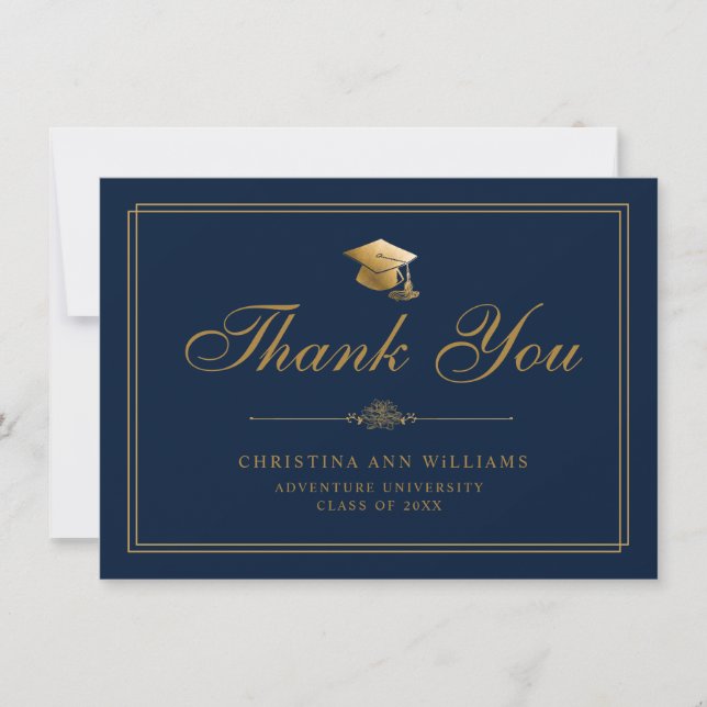 Carte De Remerciements Élégant script d'or Grad Casquette Navy Blue Gradu (Devant)