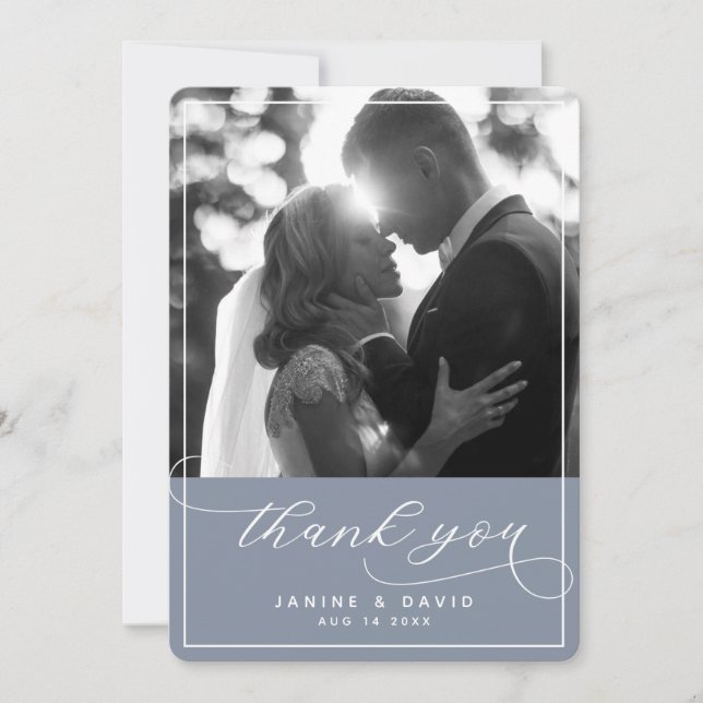 Carte De Remerciements Élégant Script Dusty Blue moderne photo Mariage (Devant)