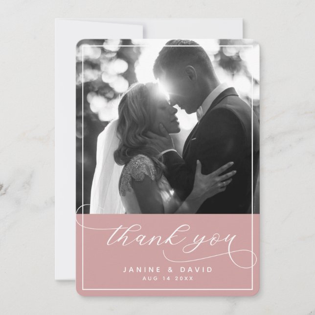 Carte De Remerciements Élégant Script Dusty rose moderne photo Mariage (Devant)