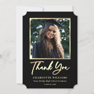 Carte De Remerciements Élégant Script Gold Black Modern Photo Graduation