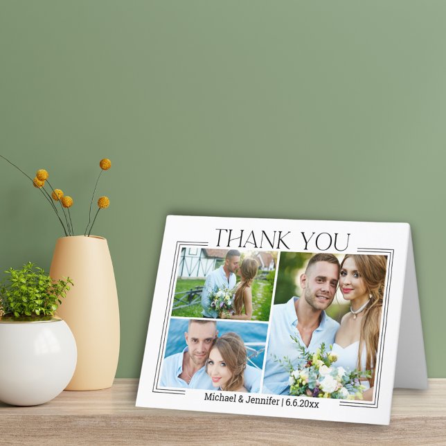 Carte De Remerciements élégant script minimal mariage 3 photos collage (Créateur téléchargé)